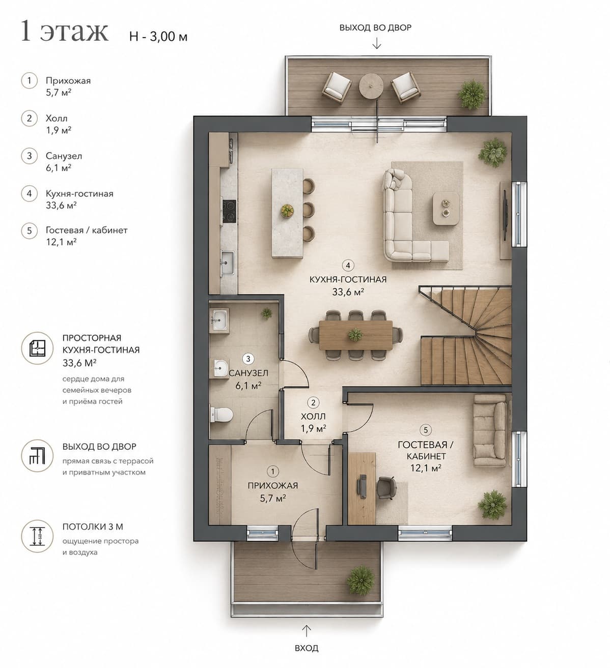 Планировка первого этажа таунхауса 131 м²